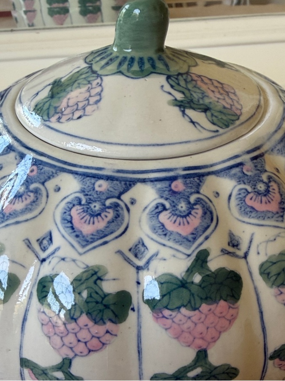 Hand-Painted Pink and Green Ceramic Lidded Decorative Jar